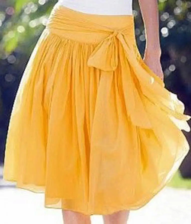 Bright Yellow Chiffon Midi Adults Skirts Pleated Short Women Skirt