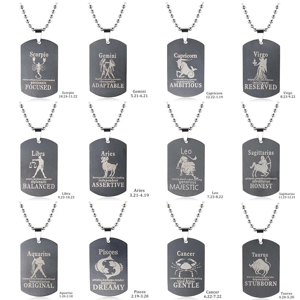 

liujun new 12 Styles Constellation Dog Tag Gemini Necklaces For Men Women stainless steel Titanium Neckless Christmas Jewelry