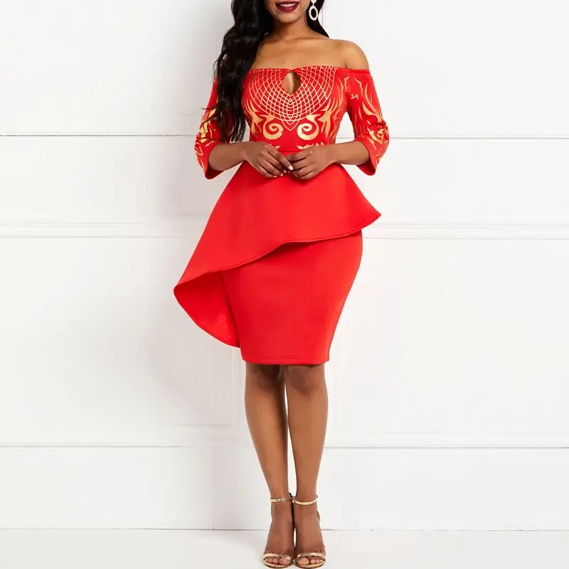 Женское платье бодикон с блестками, с вырезом лодочкой, в африканском стиле, элегантное женское платье, OL, красные вечерние платья,, летние обтягивающие женские платья средней длины