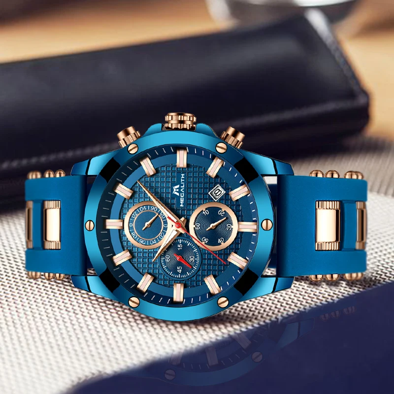 MEGALITH Men Quartz Sports Watch With Waterproof Analogue Chronograph Rubber Strap Military Watches Man Clock Horloges Mannen