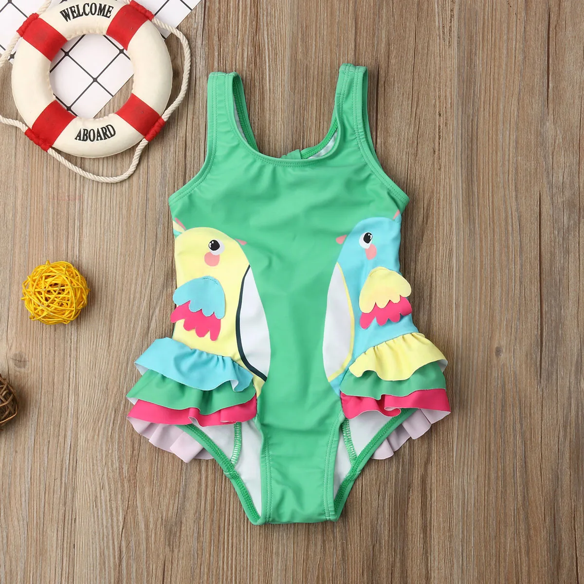 2019 брендовый купальный костюм с птицами для маленьких девочек, новый летний милый костюм с оборками, зеленая одежда, пляжная одежда для
