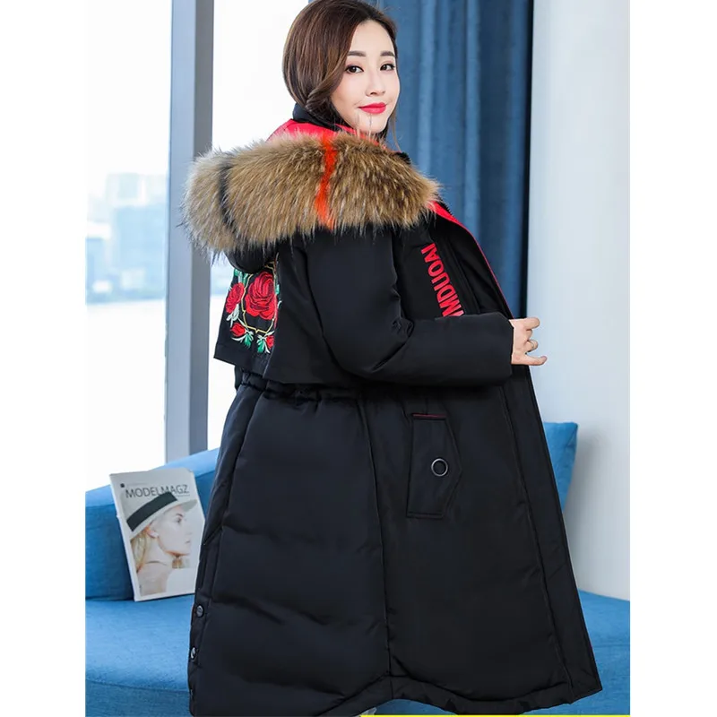 UHYTGF L-5XL Большие размеры зимняя теплая плотная куртка Для женщин вышивка меховой воротник пальто с капюшоном Завышение вниз хлопок Outerwear726