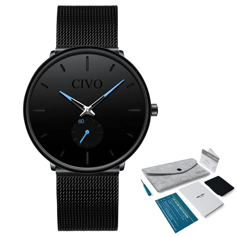 CIVO модные ультра тонкие мужские s часы лучший бренд класса люкс водостойкие черные стальные сетчатые кварцевые наручные часы для мужчин простые ручные часы