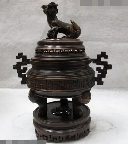 

002184 13" Tibet temple Folk Classic Copper Buddhism Foo Dog Lion incense burner Censer Bronze Statue discount 30% (C0324)