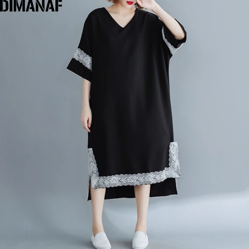 DIMANAF Plus Size Women Dress Vintage Big Size Lady Vestido Elegant Spliced Lace Summer Sundress Loose Female Clothes Black - Цвет: PMM92723CN