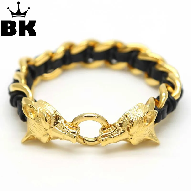 

Fashion Hip Hop Jewelry 16mm Width Stainless Steel Gold Wolf Head Totem Black Braided Genuine Leather Bracelet For Men and Women