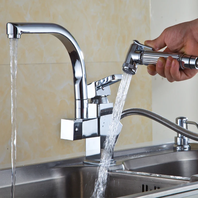 

Chrome Polished Deck Mounted Single Handle Ceramic 2 Holes Kitchen Faucet Pull Out 360 Degree Basin Hot Cold Water Mixer