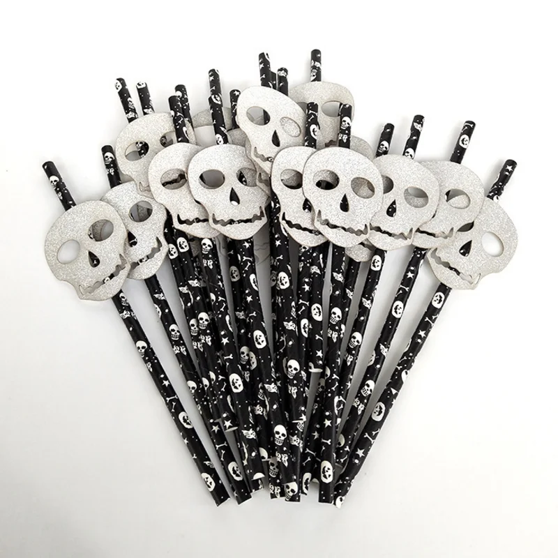 

25pcs/set fun Skull theme Halloween party birthday Paper drinking Straws Wedding bridal baby shower Bachelorette Drinks barware