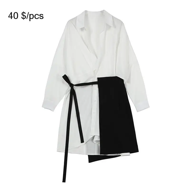 

[EWQ] 2019 New Spring Summer Lapel Long Sleeve White Loose Bandage Split Joint Two Piece Shirt Dress Women Fashion Tide JS107