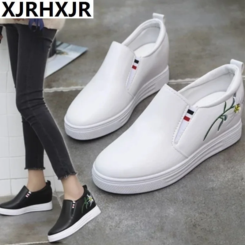 

XJRHXJR Fashion 2019 Summer Women Loafers Shoes Platform 6CM Height Increasing Woman Footwear Shoes Wedges Sneakers Hidden Heels