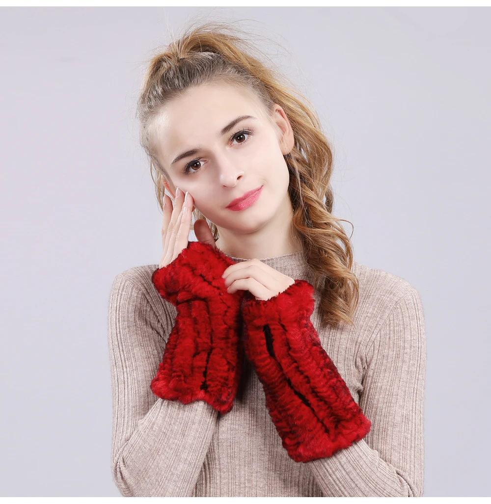 Good Elastic Women Real Genuine Knitted Rex Rabbit Fur Fingerless Gloves Mittens Warm Natural Rex Rabbit Fur Gloves