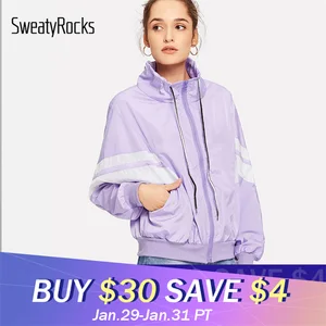 SweatyRocks Bomber Jacket Contrast Striped Stand Collar Coat Women Zipper Outerwear Autumn 2018 Clothes Purple Womens Jackets SweatyRocks Bomber Jacket Contrast Striped Stand Collar Coat Women Zipper Outerwear Autumn 2018 Clothes Purple Womens Jackets