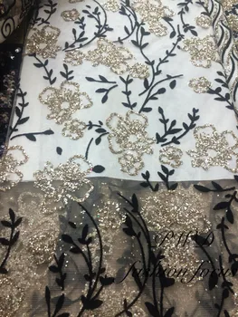 

5 yards glued glitter lace fabric for evening dress on sale gold and black colour embroidery mesh material