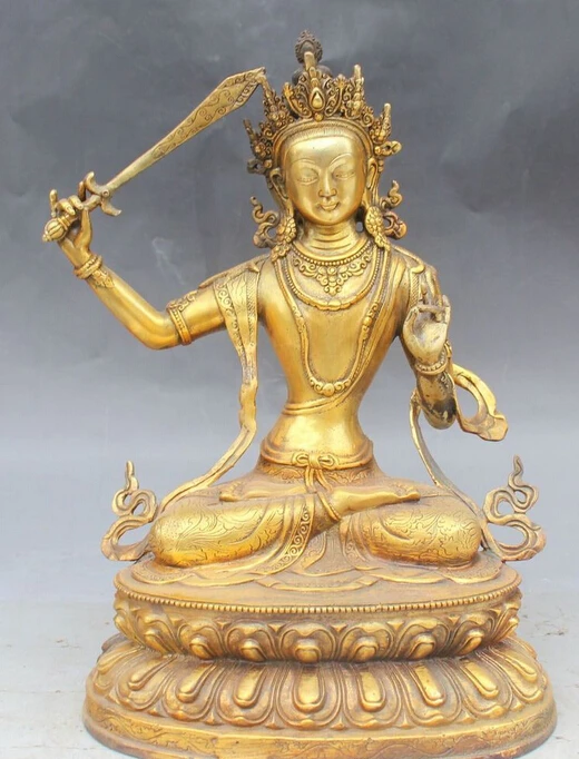 

shitou 002890 12" Chinese Tibet Buddhism Bronze Gilt Wenshu Manjushri Seat Lotus Buddha Statue