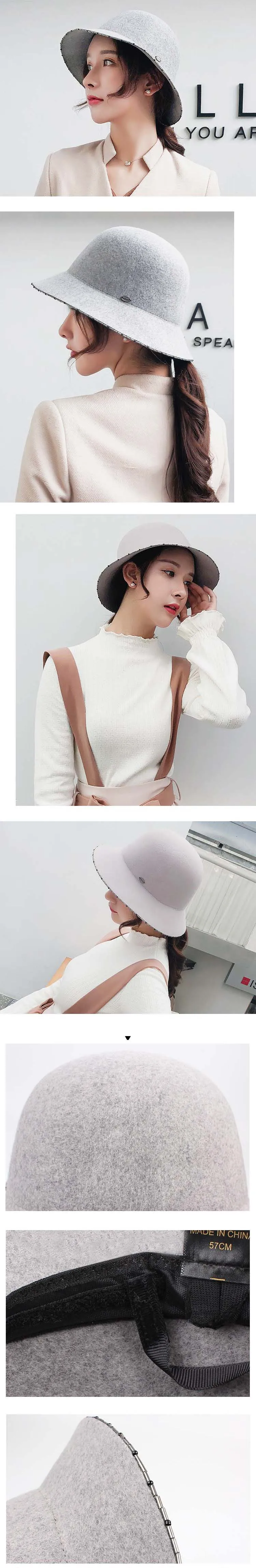 QDKPOTC Новая модная осенне-зимняя шерстяная фетровая Кепка с жемчужинами и заклепками, элегантная Милая женская шапка-ведро, художественные кепки