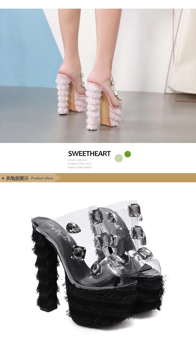 PVC High Heel Sandals Women Faux Fur Sexy Gladiator Sandals Women Thick Heel Transparent Rhinestone Glass Stone Platform Sandal