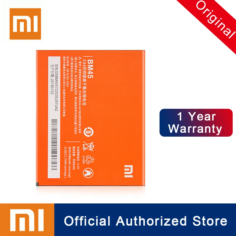 

Xiao Mi Original Replacement Battery BM45 for Xiaomi Mi Redmi Note 2 Redmi Note2 High Capacity Rechargeable Phone Batteria
