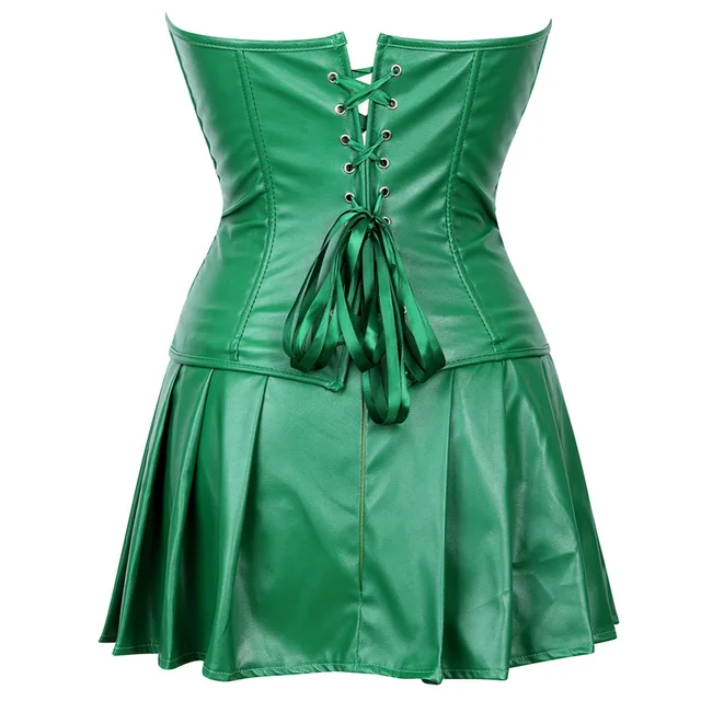 Black Green Red Sexy Gothic Faux Leather Corset Dress Front Zipper Plus Size Steampunk Corset Skirt 3