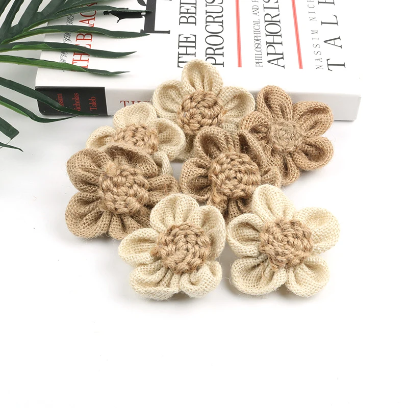 

100pcs Handmade Natural Jute Burlap Hessian Flowers for DIY Crafts Vintage Favor Rustic Wedding Party Decor Gift Packing