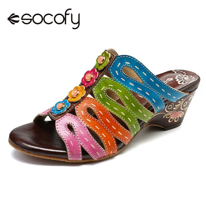 

SOCOFY Genuine Leather Shoes Splicing Colorful Stripes Floral Pattern Retro Gems Comfortable Sandals Daily Sandals For Women