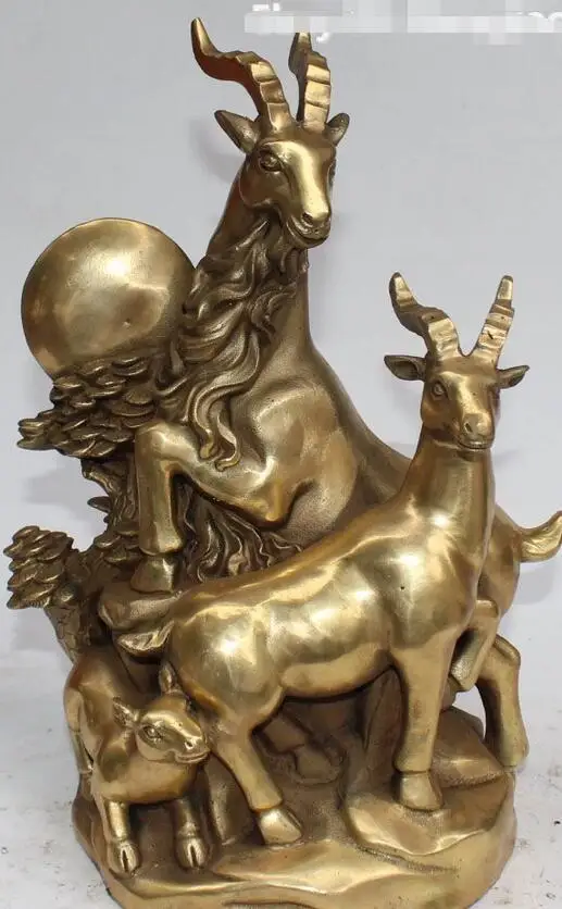 

6710563++12" Chinese Fengshui Bronze Tree Zodiac Year 3 Sheep Goat Animal Statue
