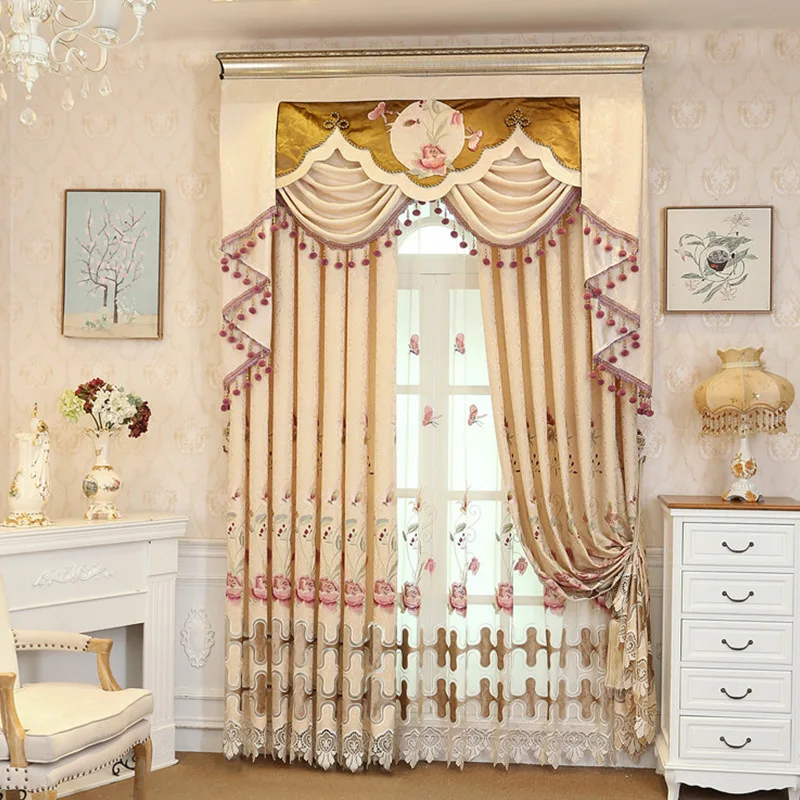 

Fresh Wind Beige European Chenille Curtain for Living Room Embroidered Curtains for Bedroom Window Valance Curtains