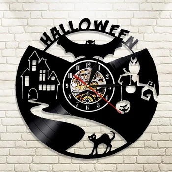 

1Piece Halloween Vampire Bat Vinyl Record Wall Clock Home Decor Wall Clock Black Cat Silhouette Cut Out LP Clock Modern Wall Art