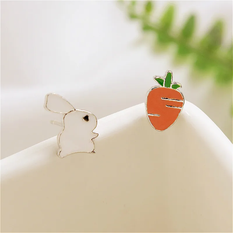 

Authentic Real 925 Sterling Silver Earrings For Women Asymmetry Cute Rabbit Radish Stud Earrings For Women New Fashion Jewelry