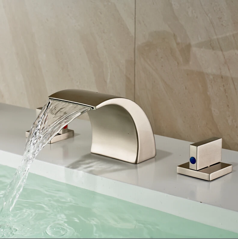 Nickel Brushed Classic Deck Mounted 3PCS Basin Mixer Faucet Double Handles Bathroom Sink Faucet Set