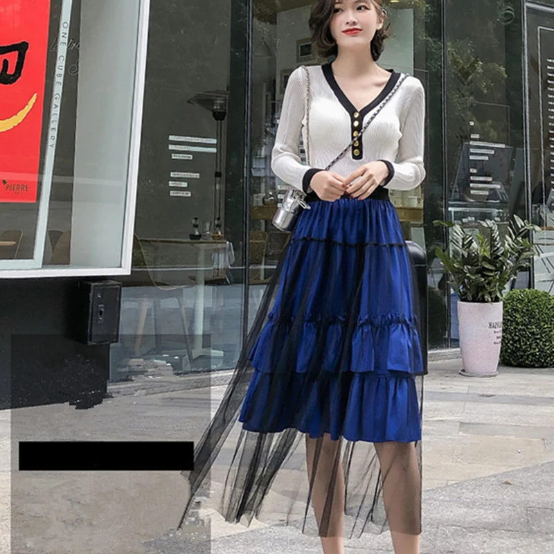 Черный Многоуровневого в горошек Сетчатое короткое платье юбка с оборочкой Для женщин, в Корейском стиле; сезон лето Модные рюшами Расклешенная миди юбка женская прямая юбка aa156