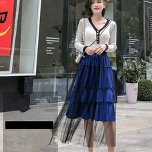 Черный Многоуровневого в горошек Сетчатое короткое платье юбка с оборочкой Для женщин, в Корейском стиле; сезон лето Модные рюшами Расклешенная миди юбка женская прямая юбка aa156