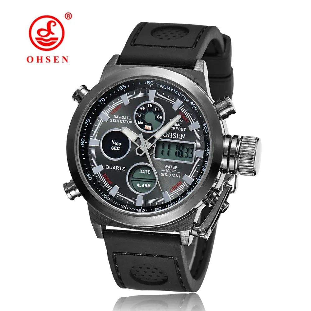 Бренд OHSEN, мужские Модные наручные часы, Роскошные, известный бренд, мужские часы с кожаным ремешком, спортивные часы, повседневные, высокое качество, водонепроницаемые - Цвет: Gray Black Silicone