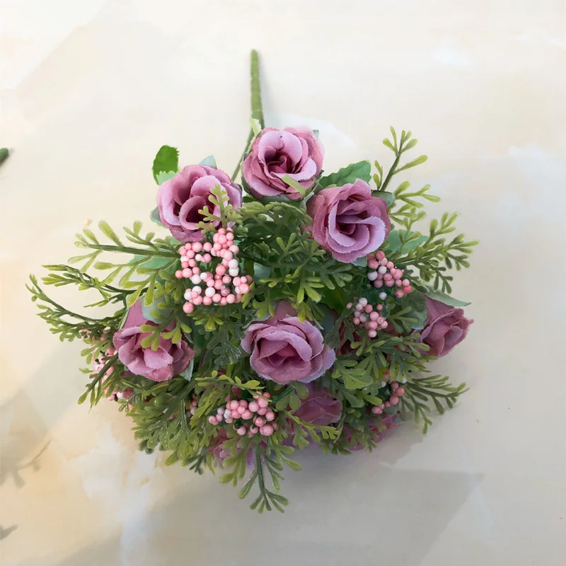 YO CHO 15heads Silk Tea Roses Flower Bride Bouquet for Christmas Home Wedding New Year Decoration Fake Plants Artificial Flowers - Color: dark-purple