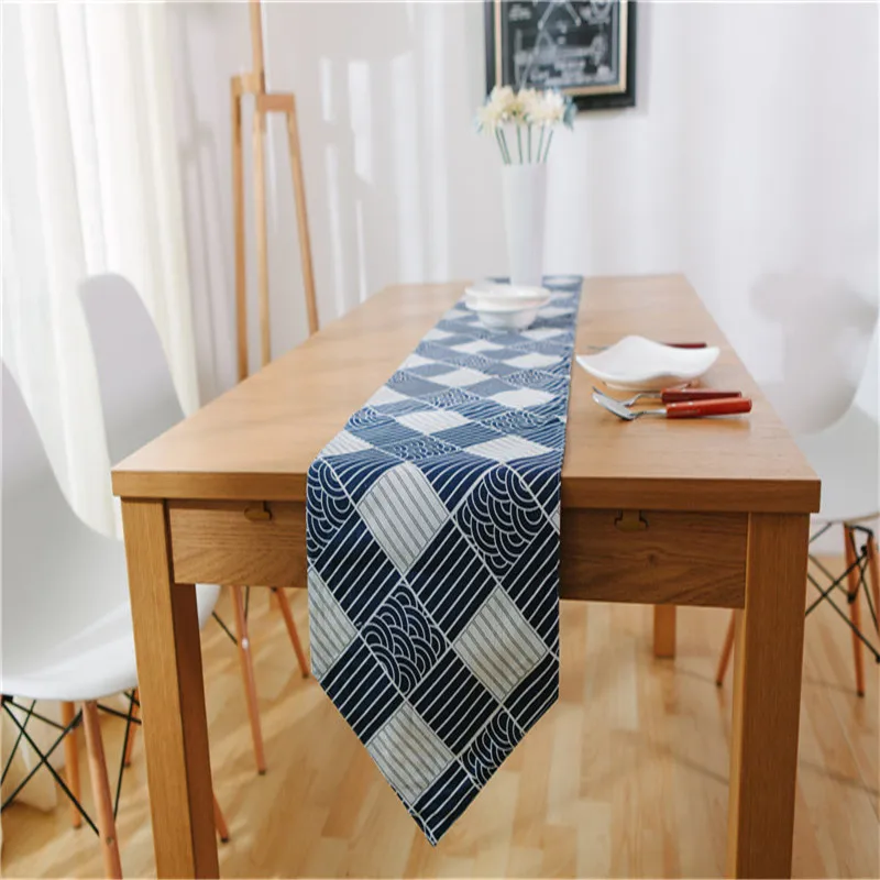 Blue and white wave table runner 30*200cm 30*220cm grid cotton linen