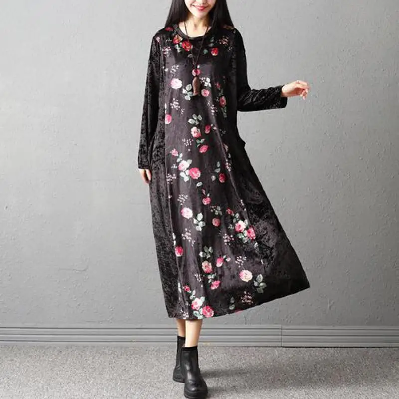 F&JE Autumn Winter Fashion Women Long sleeve Loose Dresses Gold velvet Patchwork Vintage Long Dress Plus Size Clothing W8852