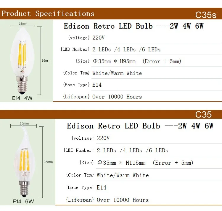 Светодиодный свечи E14 лампы 220 V 110 V 2 W 4 W 6 W C35 под старину Стиль свет лампы накаливания холодный белый теплый белый светодиодный лампы накаливания люстры