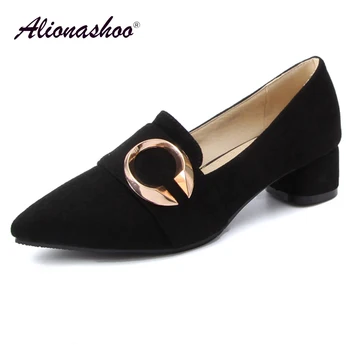 

Dress Shoes Women Low Heels Metal Shoes Plus Size 46 Black Pointed Toe Pumps For Ladies Flock Concise Square Heel Women Shoes