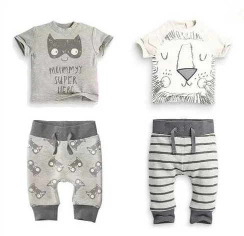 Розничная, новинка года, комплект одежды для маленьких мальчиков из 2 предметов, футболка с рисунком льва и кота с короткими рукавами+ штаны летняя одежда для малышей