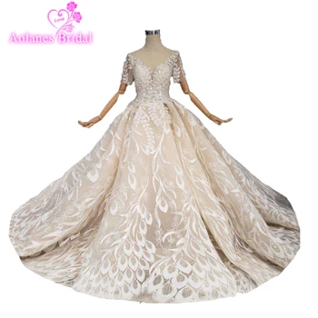 

Real Photos Full Lace Weddings Dress 2019 See Trough Back Long Sleeveless Ball Gown Deep V Neck Mariage Lace Arab Wedding Gowns