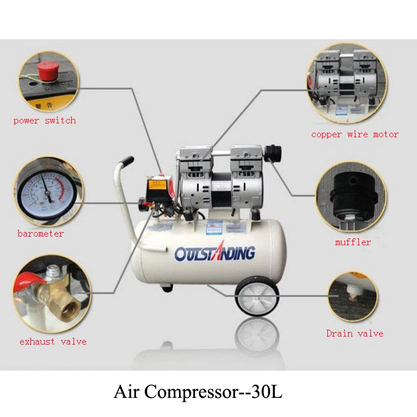 

Noisy less light tool,Portable air compressor,0.7MPa pressure,30L air pool cylinder,economic speciality piston filling machine
