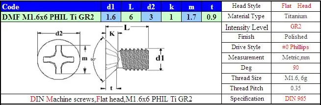 Титан винты M1.6x6 DIN 965 с плоской головкой 0# Отвертка Phillips, 50 шт в наборе, Ti GR2