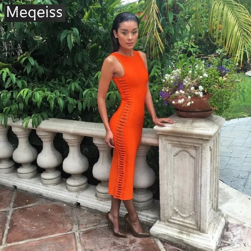 

MEQEISS Summer Sexy Dresses 2018 Celebrity Evening Party Dress Vestidos Red Orange Black Bodycon Midi Women Runway Bandage Dress