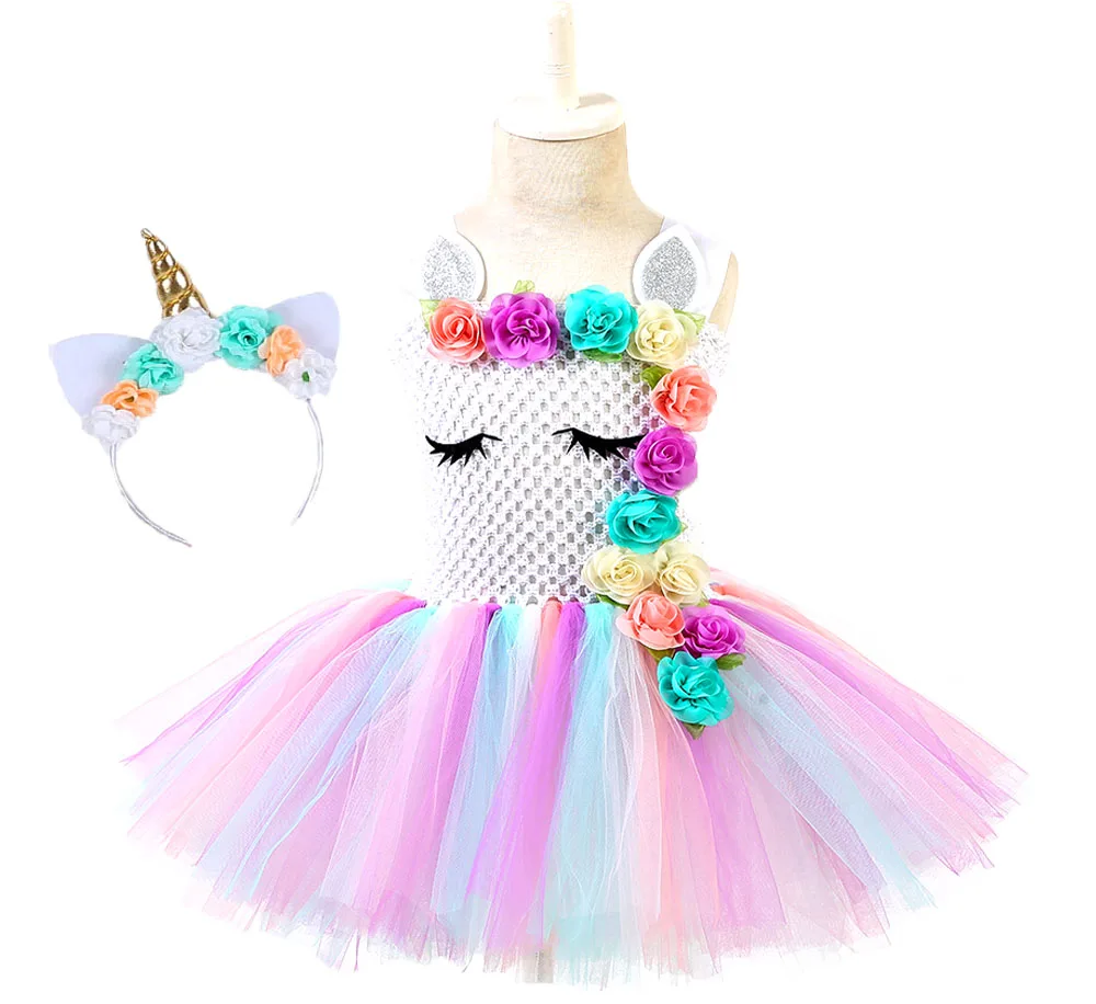 Пастельное платье-пачка с единорогом для маленьких девочек с цветами на день рождения нарядные вечерние платья детский костюм для Хелло - Цвет: with head band
