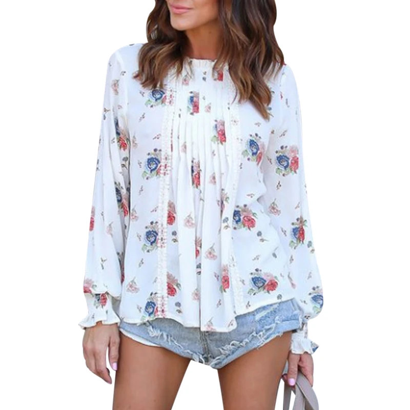 Floral Printed Womens Long Sleeve White Blouse 2018 Summer