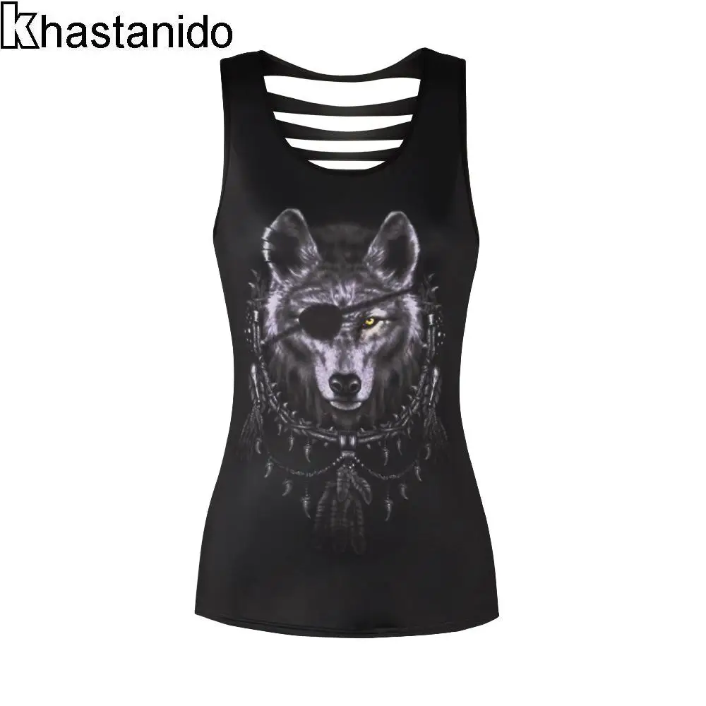 

2018 Summer Tank Tops Women Wolf 3d Print Hollow Out Camisole O-Neck Sleeveless Vest Punk Rock Workout Tops Fitness Tees Roupa