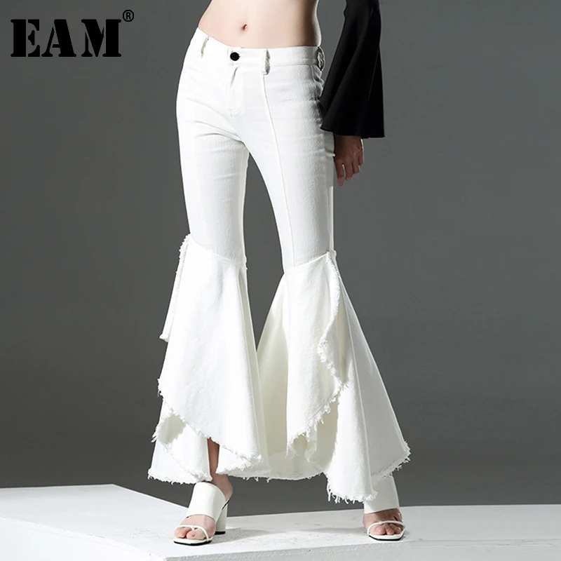 

[EAM] New 2019 Spring Customize Fashion Black Trousers High-end Casual Button Zipper Pockets Flare Pants Women AZ211