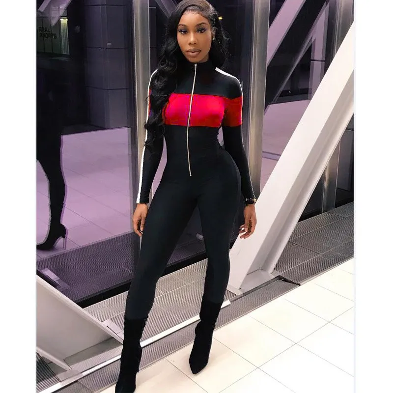 New Contrast Color Sexy Bodycon Jumpsuit Overall Causal Long Sleeve Skinny Jumpsuit Female Stripe Zipper Long Rompers Sportswear