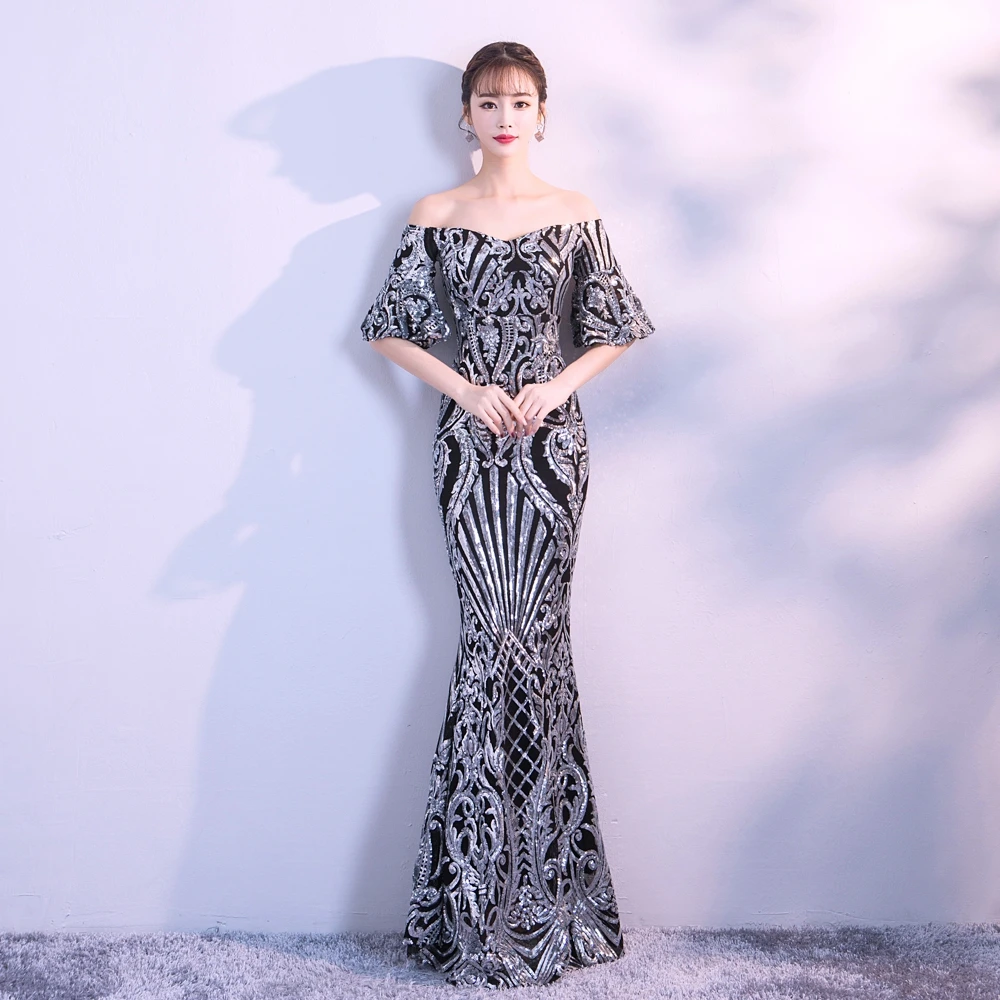 

Partysix Flare Sleeve Sliver Sequins Dress Boat Neck Formal Party Long Dress