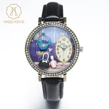 Miss Keke 3d Clay Cute Vintage Retro Cooper Bule Bird Rhinestone Watches Relogio Feminino Ladies Women Leather Wristwatches 1011