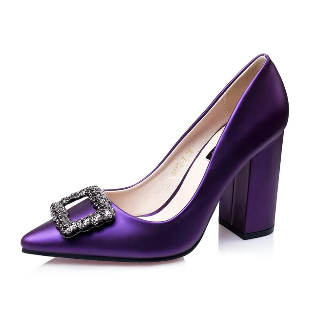 New Pointed Toe Block Heels Rhinestone Shoes Woman Autumn 2018 Purple Black High Heel Pumps Women Office Wedding Shoes